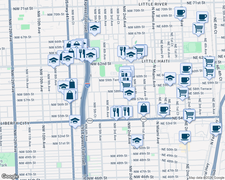 map of restaurants, bars, coffee shops, grocery stores, and more near 5745 Northwest 3rd Avenue in Miami