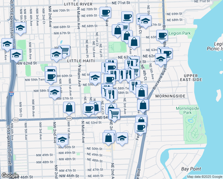 map of restaurants, bars, coffee shops, grocery stores, and more near in Miami
