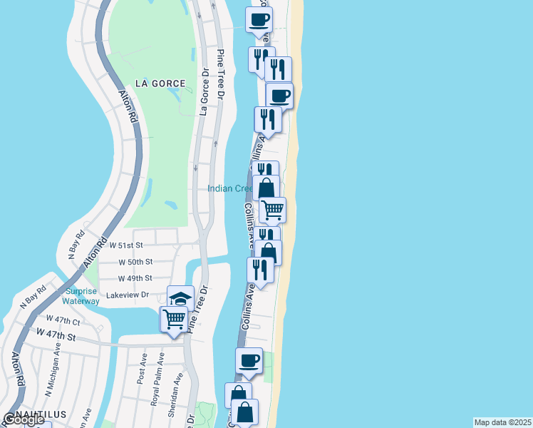 map of restaurants, bars, coffee shops, grocery stores, and more near 5101 Collins Avenue in Miami Beach