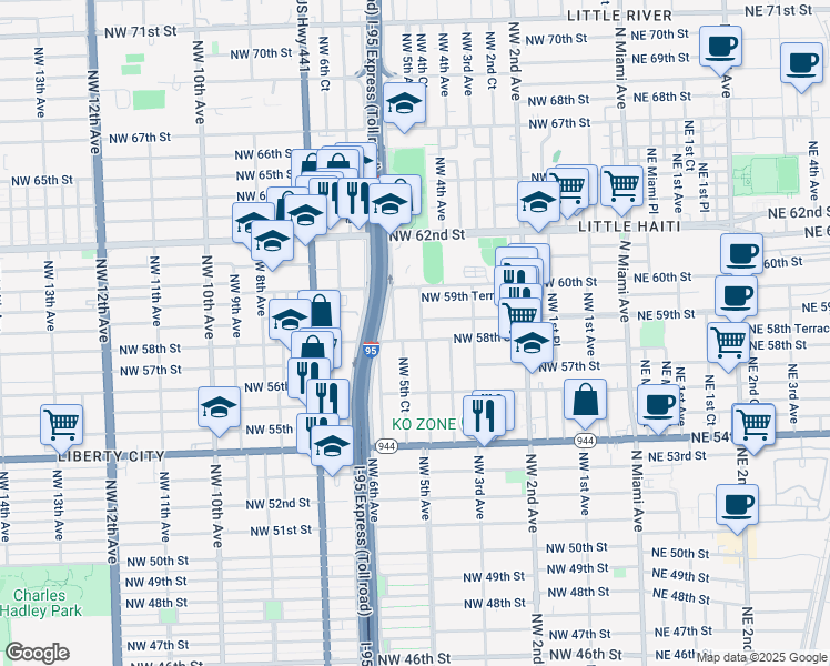map of restaurants, bars, coffee shops, grocery stores, and more near 550 Northwest 58th Street in Miami