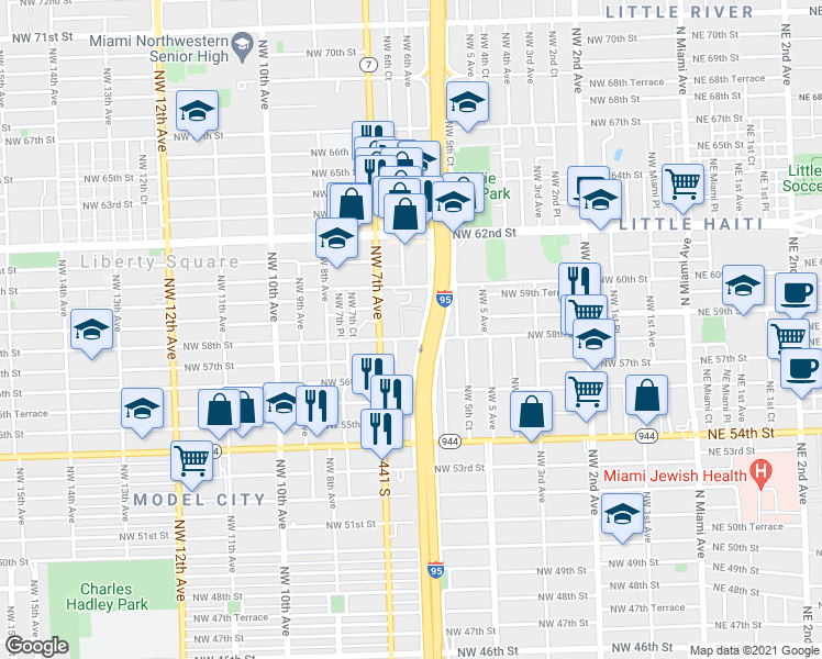map of restaurants, bars, coffee shops, grocery stores, and more near 651 Northwest 58th Street in Miami