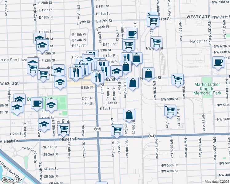 map of restaurants, bars, coffee shops, grocery stores, and more near 665 East 8th Lane in Hialeah