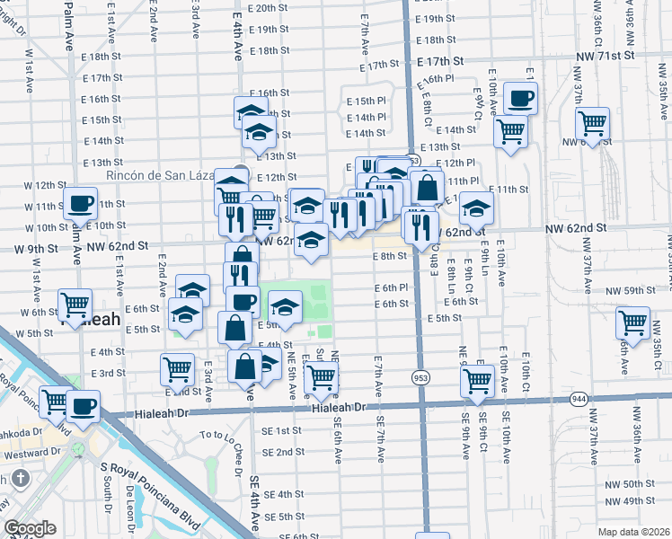 map of restaurants, bars, coffee shops, grocery stores, and more near 610 East 7th Street in Hialeah