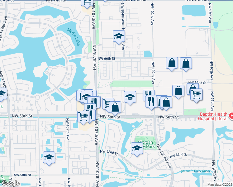 map of restaurants, bars, coffee shops, grocery stores, and more near 10444 Northwest 61st Street in Doral