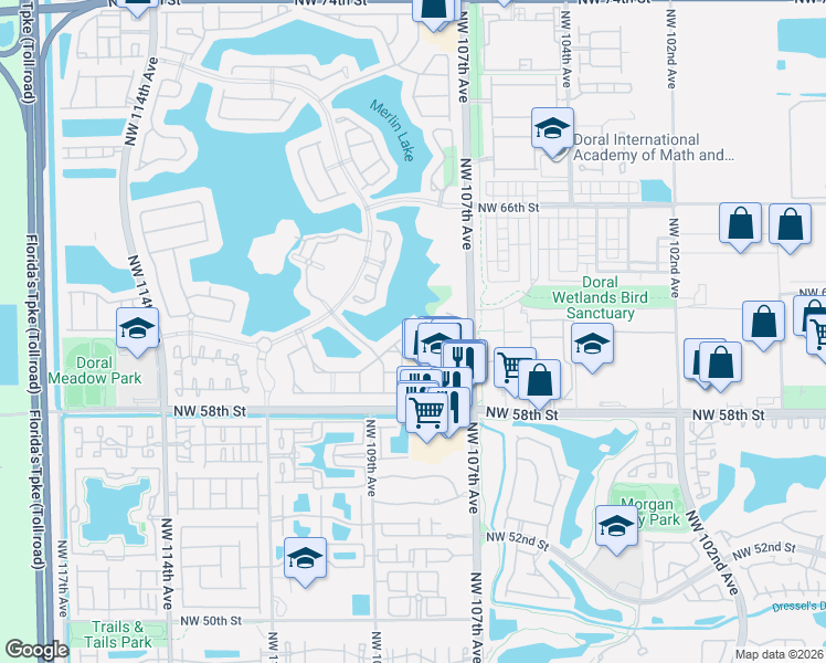 map of restaurants, bars, coffee shops, grocery stores, and more near 10875 Northwest 59th Street in Doral
