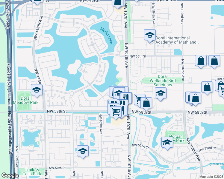map of restaurants, bars, coffee shops, grocery stores, and more near 10875 Northwest 59th Street in Doral