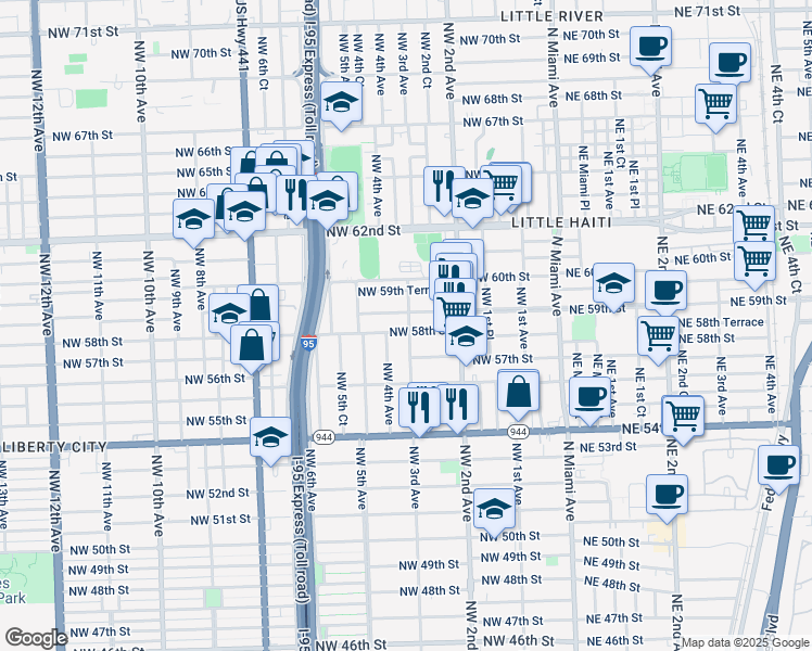 map of restaurants, bars, coffee shops, grocery stores, and more near 5745 Northwest 3rd Avenue in Miami