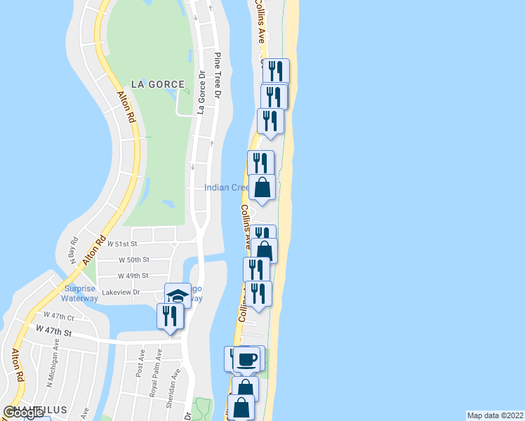 map of restaurants, bars, coffee shops, grocery stores, and more near 5101 Collins Avenue in Miami Beach