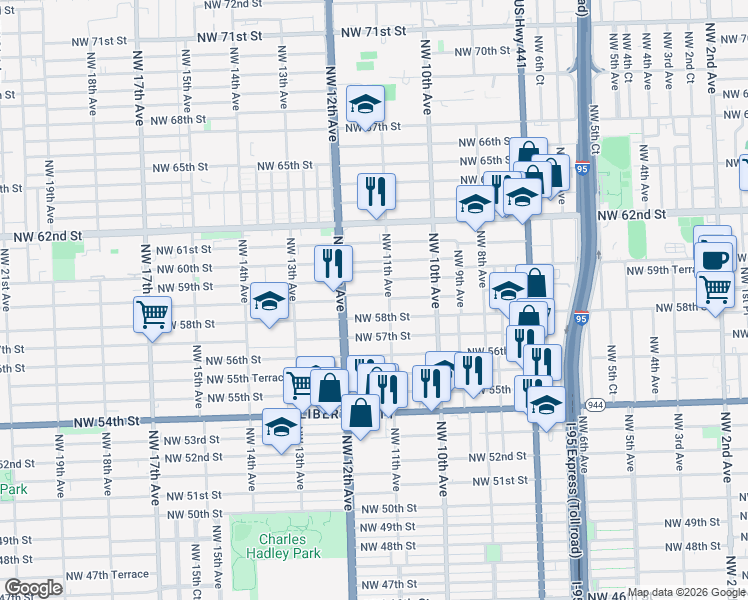 map of restaurants, bars, coffee shops, grocery stores, and more near 1151-1153 Northwest 58th Street in Miami