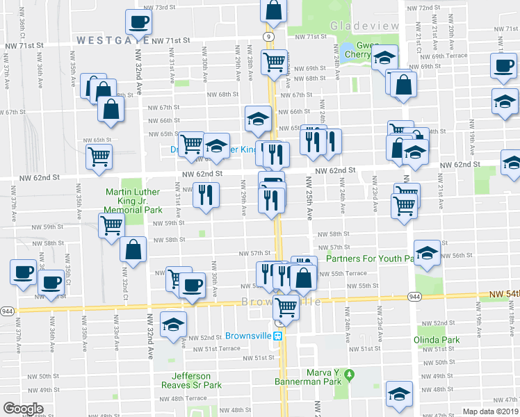 map of restaurants, bars, coffee shops, grocery stores, and more near 2781 Northwest 59th Street in Miami