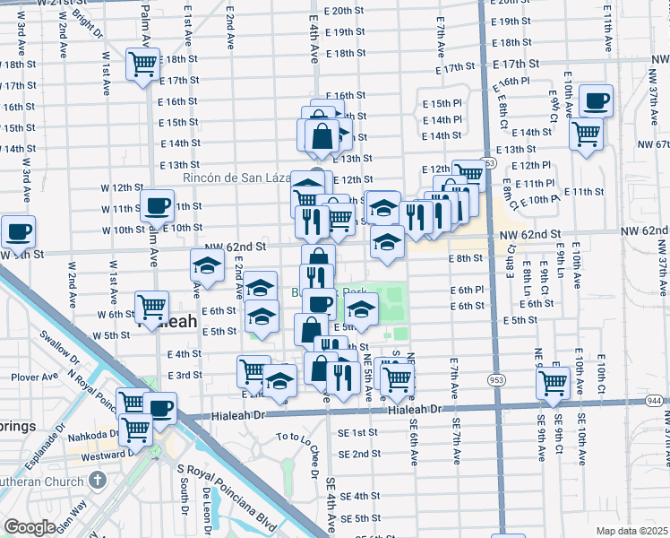 map of restaurants, bars, coffee shops, grocery stores, and more near 447 East 7th Street in Hialeah