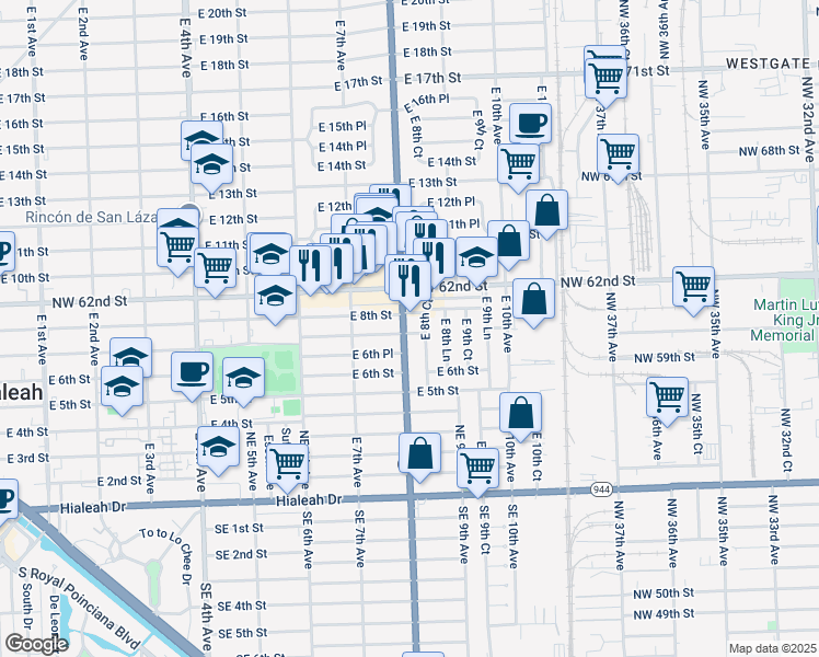 map of restaurants, bars, coffee shops, grocery stores, and more near 685 East 8th Avenue in Hialeah