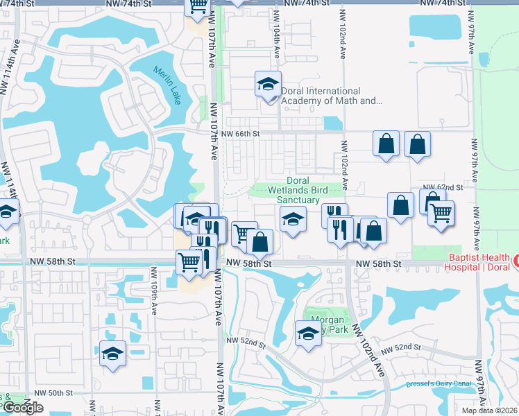 map of restaurants, bars, coffee shops, grocery stores, and more near 10444 Northwest 61st Street in Doral