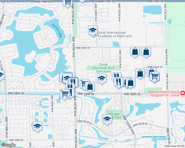 map of restaurants, bars, coffee shops, grocery stores, and more near 10444 Northwest 61st Street in Doral