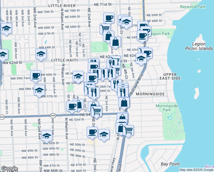 map of restaurants, bars, coffee shops, grocery stores, and more near 5750 Northeast 3rd Avenue in Miami