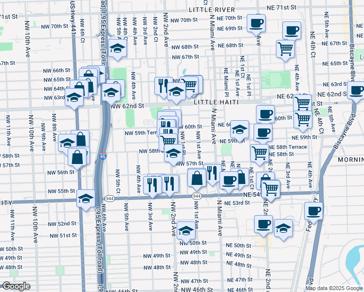 map of restaurants, bars, coffee shops, grocery stores, and more near 160 Northwest 58th Street in Miami
