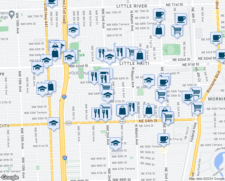 map of restaurants, bars, coffee shops, grocery stores, and more near 160 Northwest 58th Street in Miami