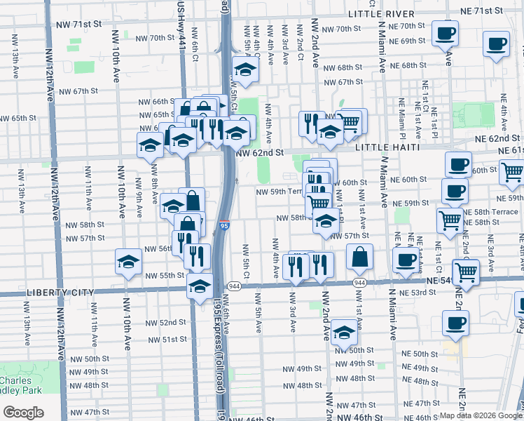 map of restaurants, bars, coffee shops, grocery stores, and more near 400 Northwest 58th Street in Miami