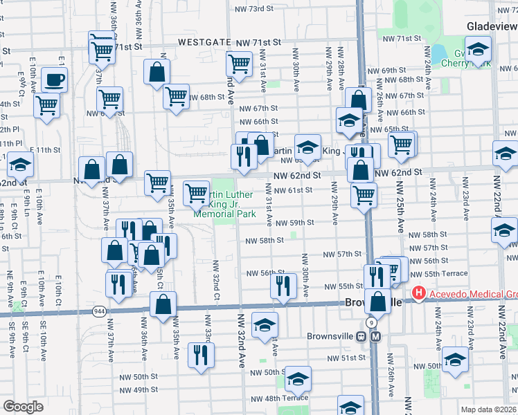 map of restaurants, bars, coffee shops, grocery stores, and more near 3169 Northwest 59th Street in Miami