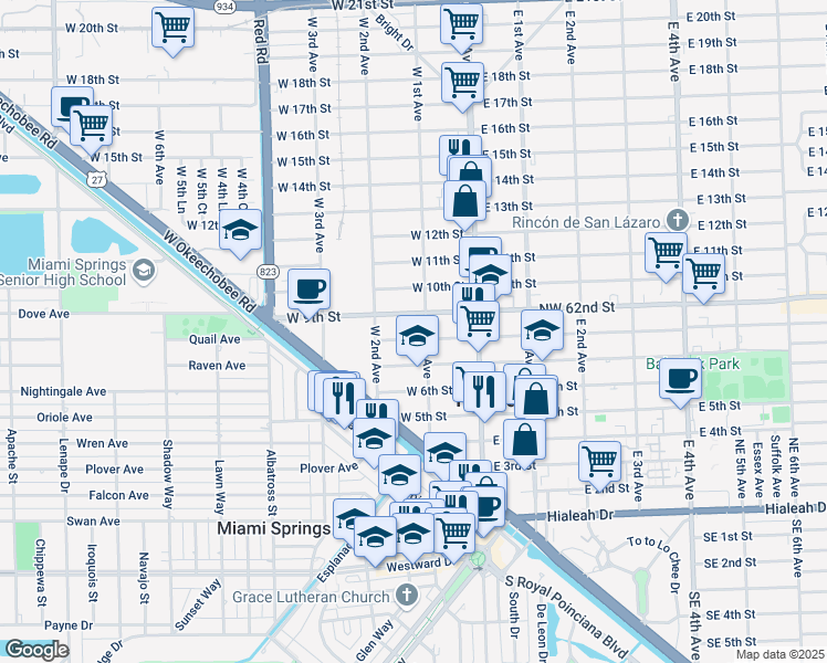 map of restaurants, bars, coffee shops, grocery stores, and more near 141 West 7th Street in Hialeah