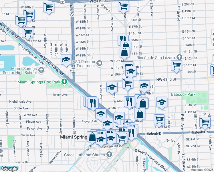 map of restaurants, bars, coffee shops, grocery stores, and more near 141 West 7th Street in Hialeah