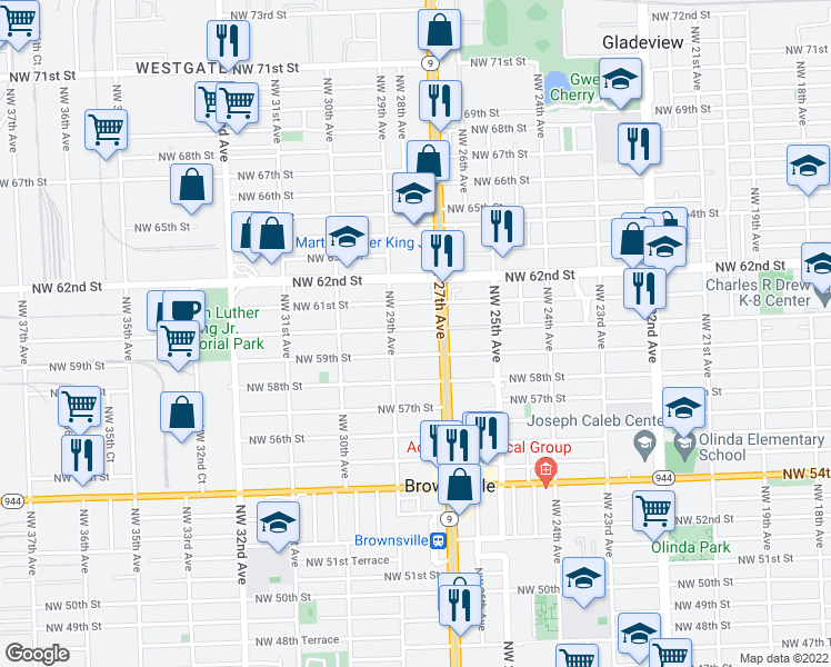 map of restaurants, bars, coffee shops, grocery stores, and more near 2750 Northwest 60th Street in Miami