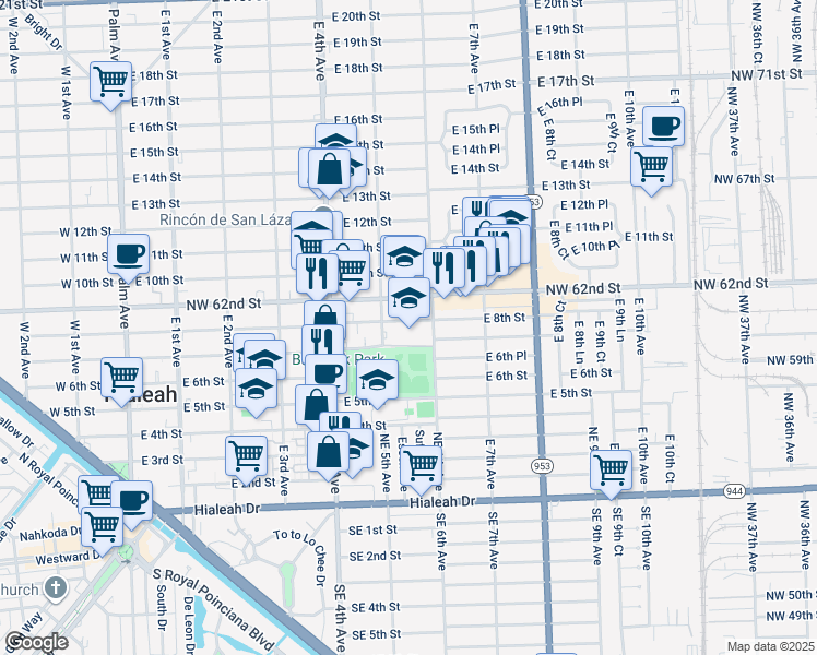 map of restaurants, bars, coffee shops, grocery stores, and more near 550 East 8th Street in Hialeah