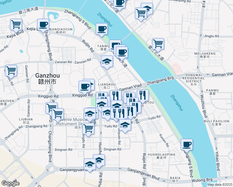map of restaurants, bars, coffee shops, grocery stores, and more near Rui Jin Lu in Ganzhou Shi