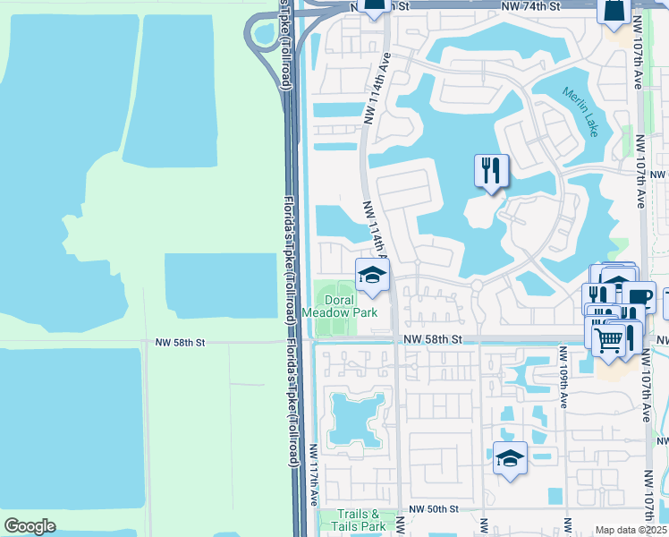 map of restaurants, bars, coffee shops, grocery stores, and more near 11600 Northwest 60th Terrace in Doral