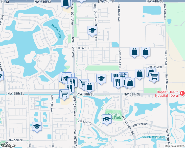 map of restaurants, bars, coffee shops, grocery stores, and more near 10445 Northwest 61 Lane in Doral