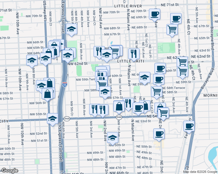 map of restaurants, bars, coffee shops, grocery stores, and more near 165 Northwest 59th Street in Miami
