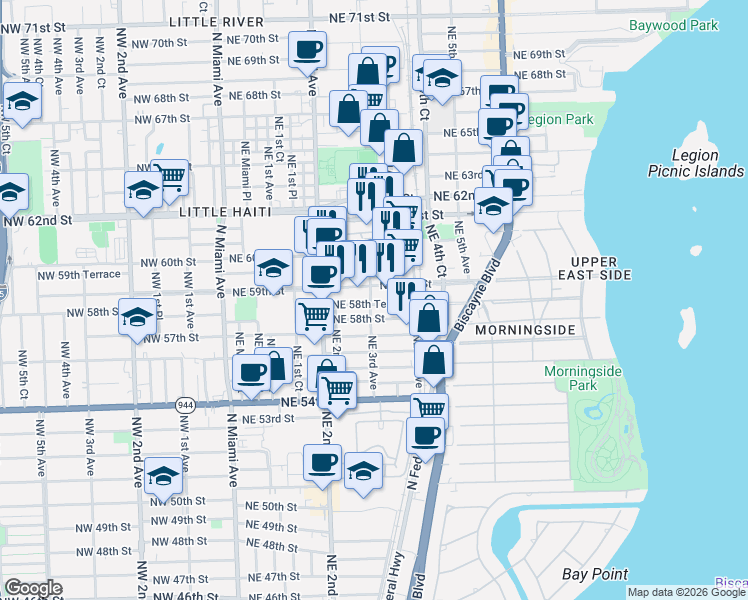 map of restaurants, bars, coffee shops, grocery stores, and more near 301 Northeast 59th Street in Miami