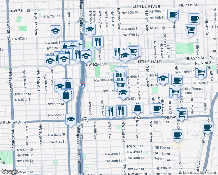 map of restaurants, bars, coffee shops, grocery stores, and more near 292 Northwest 59th Terrace in Miami