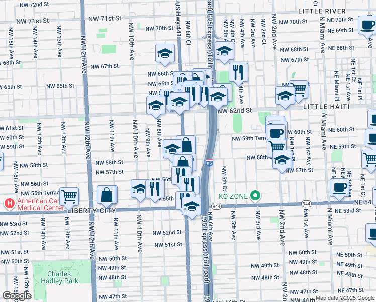 map of restaurants, bars, coffee shops, grocery stores, and more near in Miami