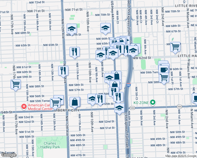 map of restaurants, bars, coffee shops, grocery stores, and more near 5901 Northwest 9th Avenue in Miami