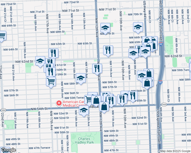 map of restaurants, bars, coffee shops, grocery stores, and more near 5916 Northwest 12th Avenue in Miami