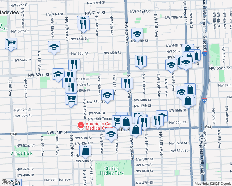 map of restaurants, bars, coffee shops, grocery stores, and more near 1287 Northwest 59th Street in Miami