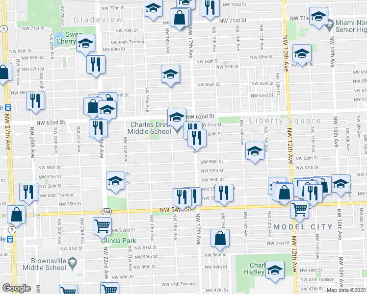 map of restaurants, bars, coffee shops, grocery stores, and more near 1740 Northwest 60th Street in Miami