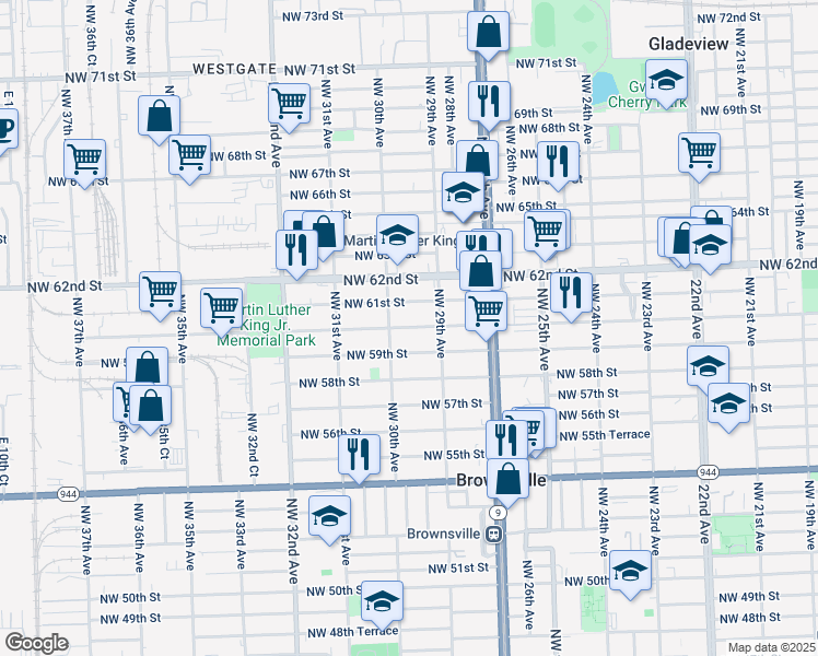 map of restaurants, bars, coffee shops, grocery stores, and more near 2944 Northwest 61st Street in Miami