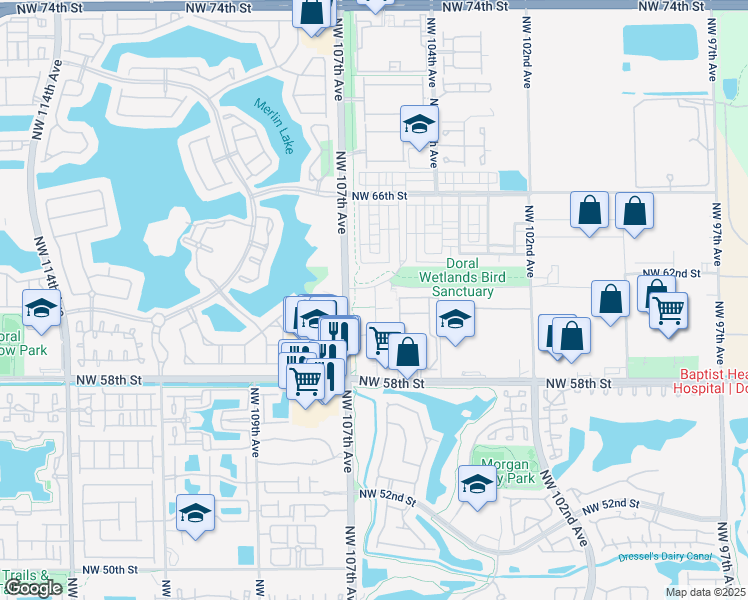 map of restaurants, bars, coffee shops, grocery stores, and more near 5875 Southwest 105th Street in Doral