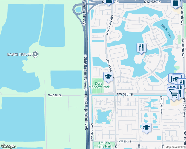 map of restaurants, bars, coffee shops, grocery stores, and more near 6103 Northwest 116 Place in Doral