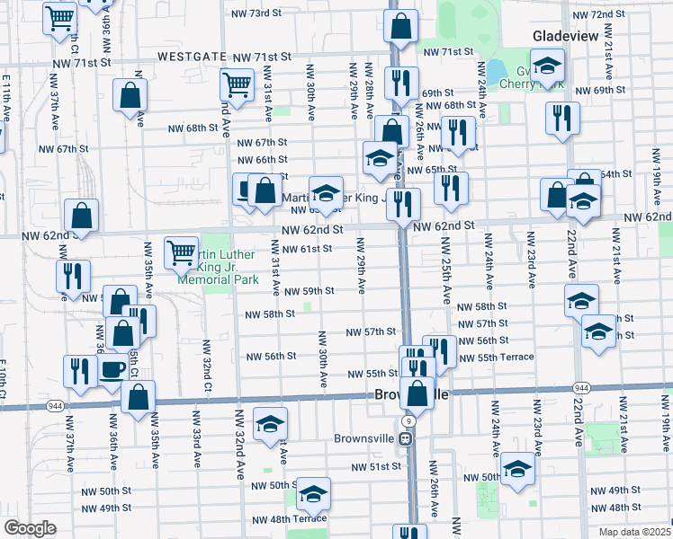 map of restaurants, bars, coffee shops, grocery stores, and more near 2944 Northwest 61st Street in Miami