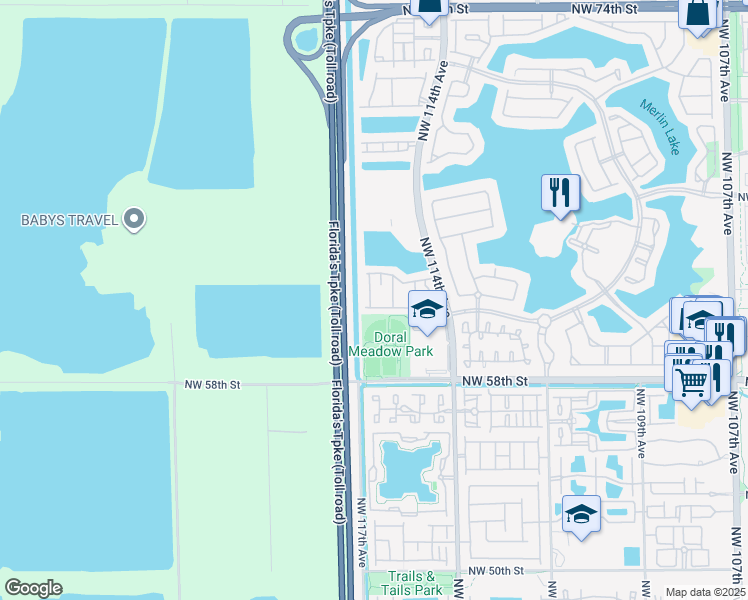 map of restaurants, bars, coffee shops, grocery stores, and more near 6103 Northwest 116 Place in Doral