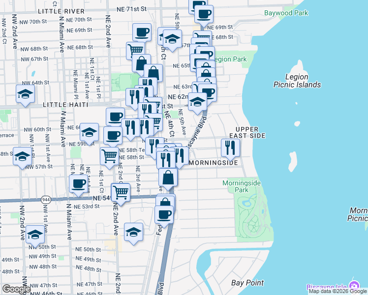 map of restaurants, bars, coffee shops, grocery stores, and more near in Miami