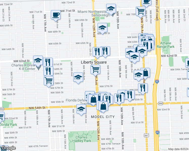 map of restaurants, bars, coffee shops, grocery stores, and more near 5842 Northwest 12th Avenue in Miami