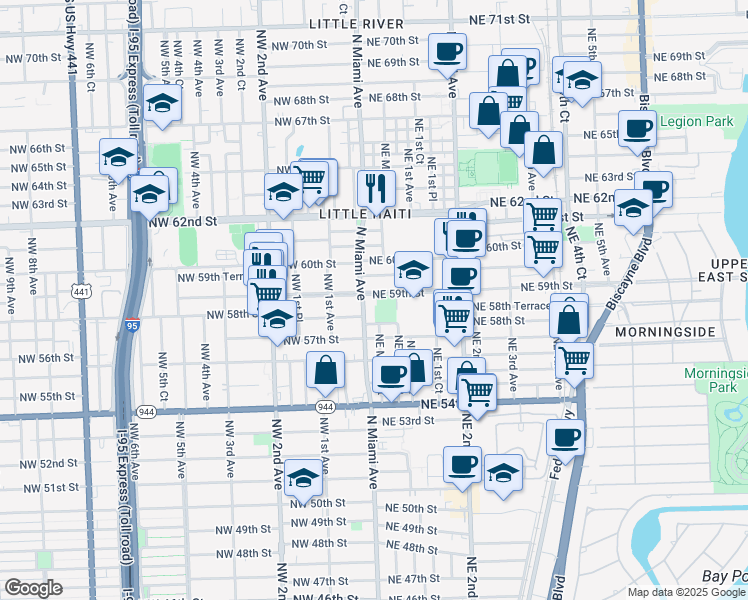 map of restaurants, bars, coffee shops, grocery stores, and more near 22 Northeast 59th Terrace in Miami