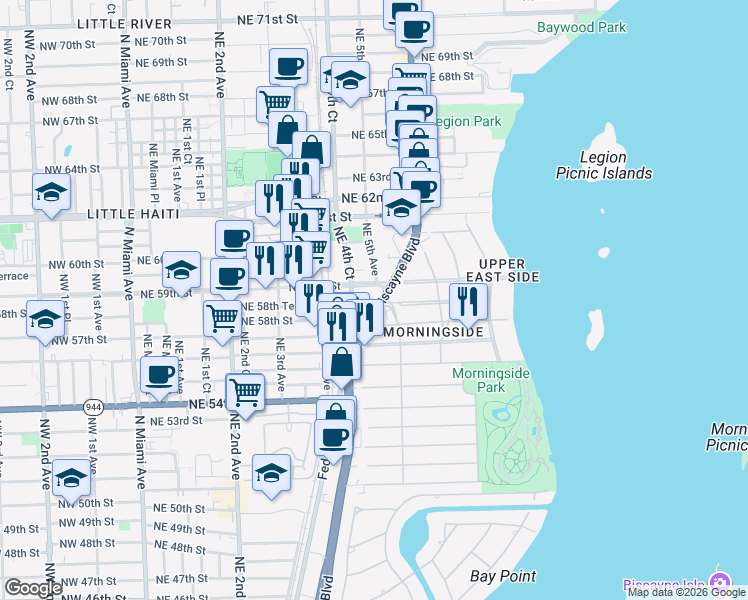 map of restaurants, bars, coffee shops, grocery stores, and more near in Miami
