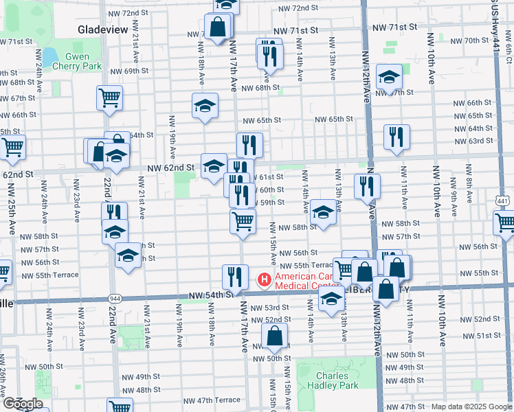 map of restaurants, bars, coffee shops, grocery stores, and more near 1512 Northwest 60th Street in Miami