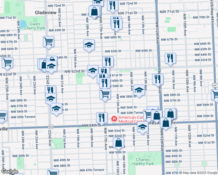 map of restaurants, bars, coffee shops, grocery stores, and more near 1698 Northwest 60th Street in Miami