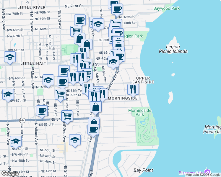 map of restaurants, bars, coffee shops, grocery stores, and more near in Miami
